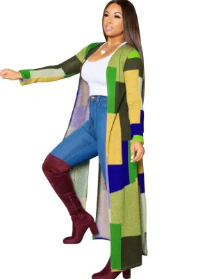 Spring Casual Yellow Check Printed Full Sleeve Slit Long Coat