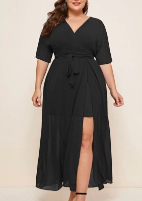 Summer Plus Size Black V-neck Short Sleeve Slit Maxi Dress with Belt