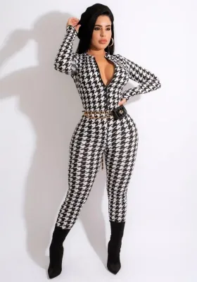 Spring Sexy White Plaid Zipper Up Long Sleeve Slim Jumpsuit