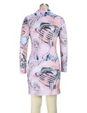 Spring Sexy Pink Printed Midi Neck Long Sleeve Bodycon Dress