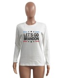 Spring American Hot Slogans Printed White O-neck Long Sleeve Cotton T-shirt