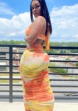 Summer Sexy Orange Printed Halter straps Ruched See Through Bodycon Midi Dress