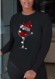 Spring Christmas Pattern Printed Black O-neck Long Sleeve Cotton T-shirt