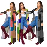 Spring Casual Multicolor Check Printed Full Sleeve Slit Long Coat