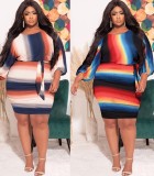 Spring Plus Size Red&Blue&Black Stripes Long Sleeve Backless Ruched Casual Dress with Belt