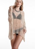 Summer Sexy Beige White Hollow Out Long Sleeve Knitted Beach Cover up Dress