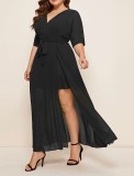 Summer Plus Size Black V-neck Short Sleeve Slit Maxi Dress with Belt