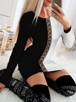 Spring Sexy Black and White Contrast O-neck Long Sleeve Bodycon Dress