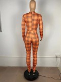 Spring Sexy Orange Plaid Printed v-neck Long Sleeve Ruched Jumpsuit