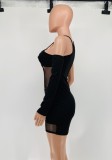 Spring Sexy Black Hollow Out Round Neck Single Long Sleeve See Through Mini Club Dress