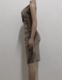 Summer Elegant Brown Velvet V-neck Sleeveless Ruched Midi Dress