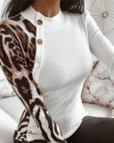 Spring Sexy Leopard Patch White Round Neck Button Long Sleeve Puffover Blouse