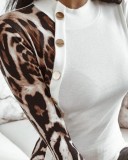 Spring Sexy Leopard Patch White Round Neck Button Long Sleeve Puffover Blouse