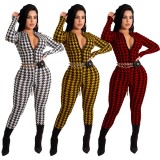 Spring Sexy Yellow Plaid Zipper Up Long Sleeve Slim Jumpsuit