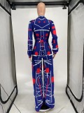 Spring Plus Size Printed Blue V-neck Short Sleeve Loose Jumpsuit with Belt