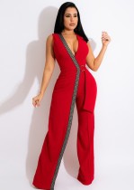 Spring Elegant Red Plunge V Neck Sleeveless Formal Jumpsuit with Belt