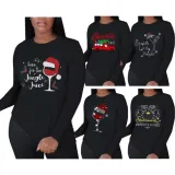 Spring Christmas Pattern Printed Black O-neck Long Sleeve Cotton T-shirt