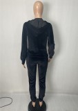 Winter Black Velvet Long Sleeve Pocket Hoodies and Sweatpants Wholesale Two Piece Sets