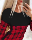 Spring Sexy Red Plaid Printed O-neck Long Sleeve Bodycon Dress