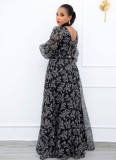 Spring Elegant Plus Size Black V-neck Long Sleeve High Waist Slit Evening Dress