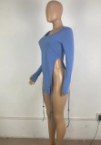 Spirng Sexy Blue V-neck Long Sleeve with mittens Irregular Slim Top