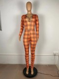Spring Sexy Orange Plaid Printed v-neck Long Sleeve Ruched Jumpsuit