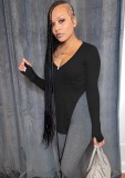 Spirng Sexy Black V-neck Long Sleeve with mittens Irregular Slim Top