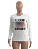 Spring American Hot Slogans Printed White O-neck Long Sleeve Cotton T-shirt