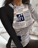 Spring Sexy Newspaper Printed Patch Black Round Neck Button Long Sleeve Puffover Blouse