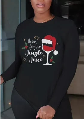 Spring Christmas Pattern Printed Black O-neck Long Sleeve Cotton T-shirt