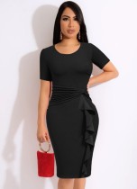 Summer Elegant Black Round Neck Short Sleeve Ruched Ruffled Bodycon Midi Dress
