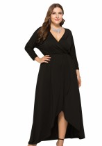 Spring Plus Size Black Wrap V-neck Batwing Long Sleeve Irregular Casual Dress