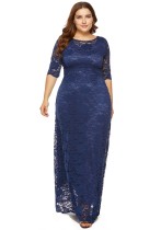 Spring Elegant Plus Size Blue Full Lace Round Neck Half Sleeve Formal Evening Dress