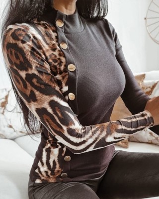 Spring Sexy Leopard Patch Black Round Neck Button Long Sleeve Puffover Blouse