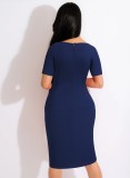 Summer Elegant Blue Round Neck Short Sleeve Ruched Ruffled Bodycon Midi Dress