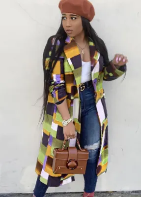 Winter Yellow Check Turndown Collar Full Sleeve Long Coat
