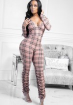 Spring Sexy Pink Plaid Printed v-neck Long Sleeve Ruched Jumpsuit