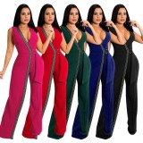 Spring Elegant Red Plunge V Neck Sleeveless Formal Jumpsuit with Belt