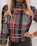 Spring Sexy Red Check Printed High Neck Long Sleeve Tight Top
