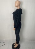 Winter Black Velvet Long Sleeve Pocket Hoodies and Sweatpants Wholesale Two Piece Sets