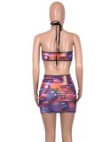 Summer Sexy Multicolor Printed Halter Straps Open Waist Bodycon Club Dress