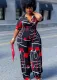 Spring Plus Size Printed Black V-neck Short Sleeve Loose Jumpsuit with Belt