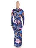 Spring Sexy Floral Printed V-neck Hollow Out Long Sleeve Ruched Irregular Midi Dress