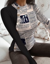 Spring Sexy Newspaper Printed Patch Black Round Neck Button Long Sleeve Puffover Blouse