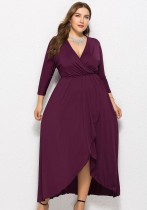 Spring Plus Size Fuchsia Wrap V-neck Batwing Long Sleeve Irregular Casual Dress