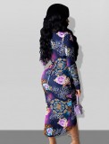 Spring Sexy Floral Printed V-neck Hollow Out Long Sleeve Ruched Irregular Midi Dress