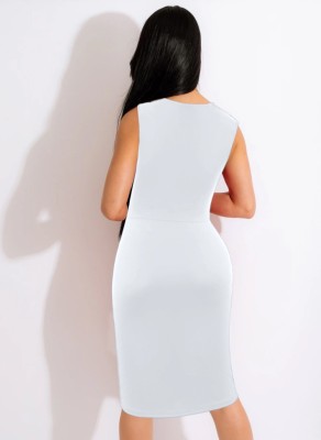 Summer Elegant White Velvet V-neck Sleeveless Ruched Midi Dress