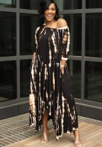 Spring Tie Dyed Wide Collar Half Sleeve Slit Long Dress