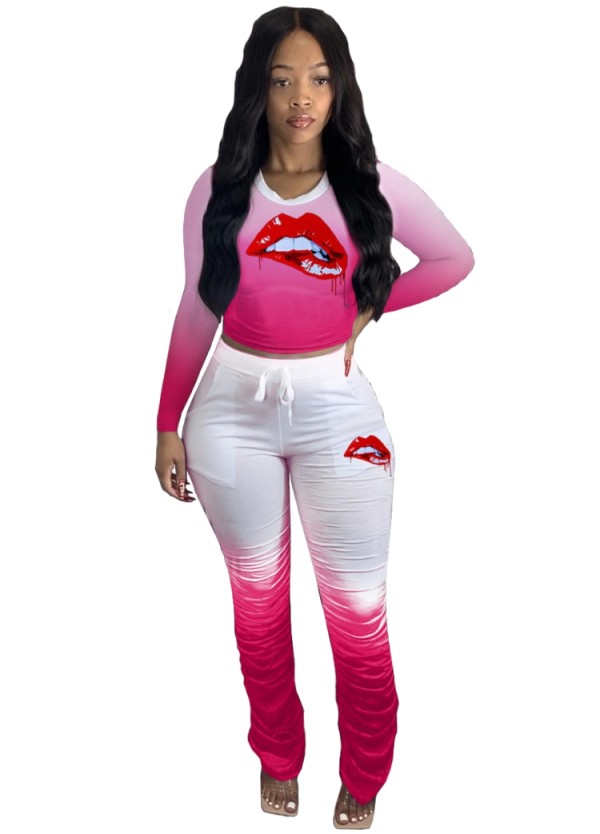 Spring Casual Pink Print Round Collar Long Sleeve Top And Pant Cheap Wholesale Two Piece Sets