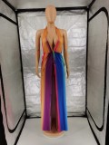 Summer Sexy Stripe Print V Neck Sleeveless Slit Long Dress